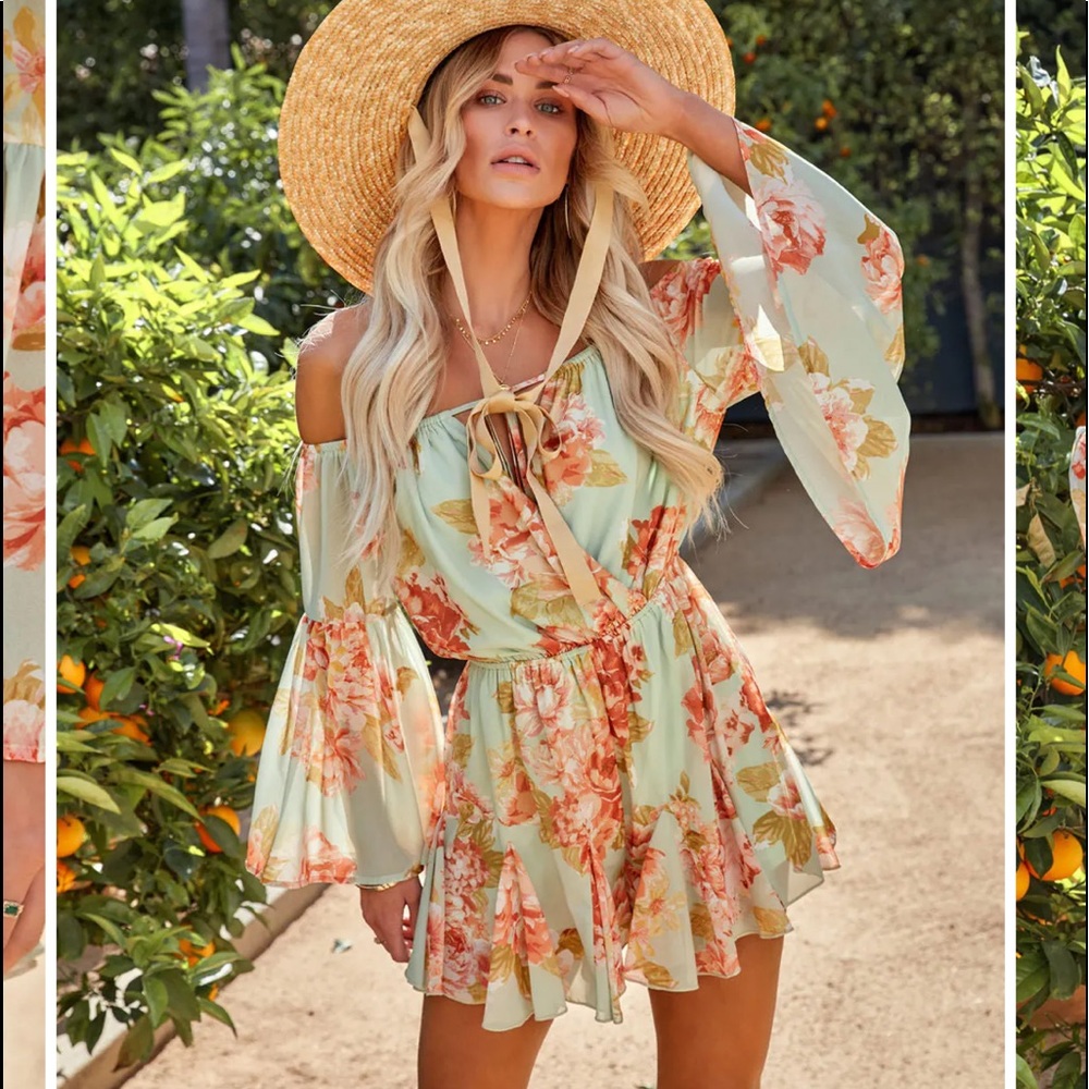 Off the shoulder bell sleeve romper, size small.